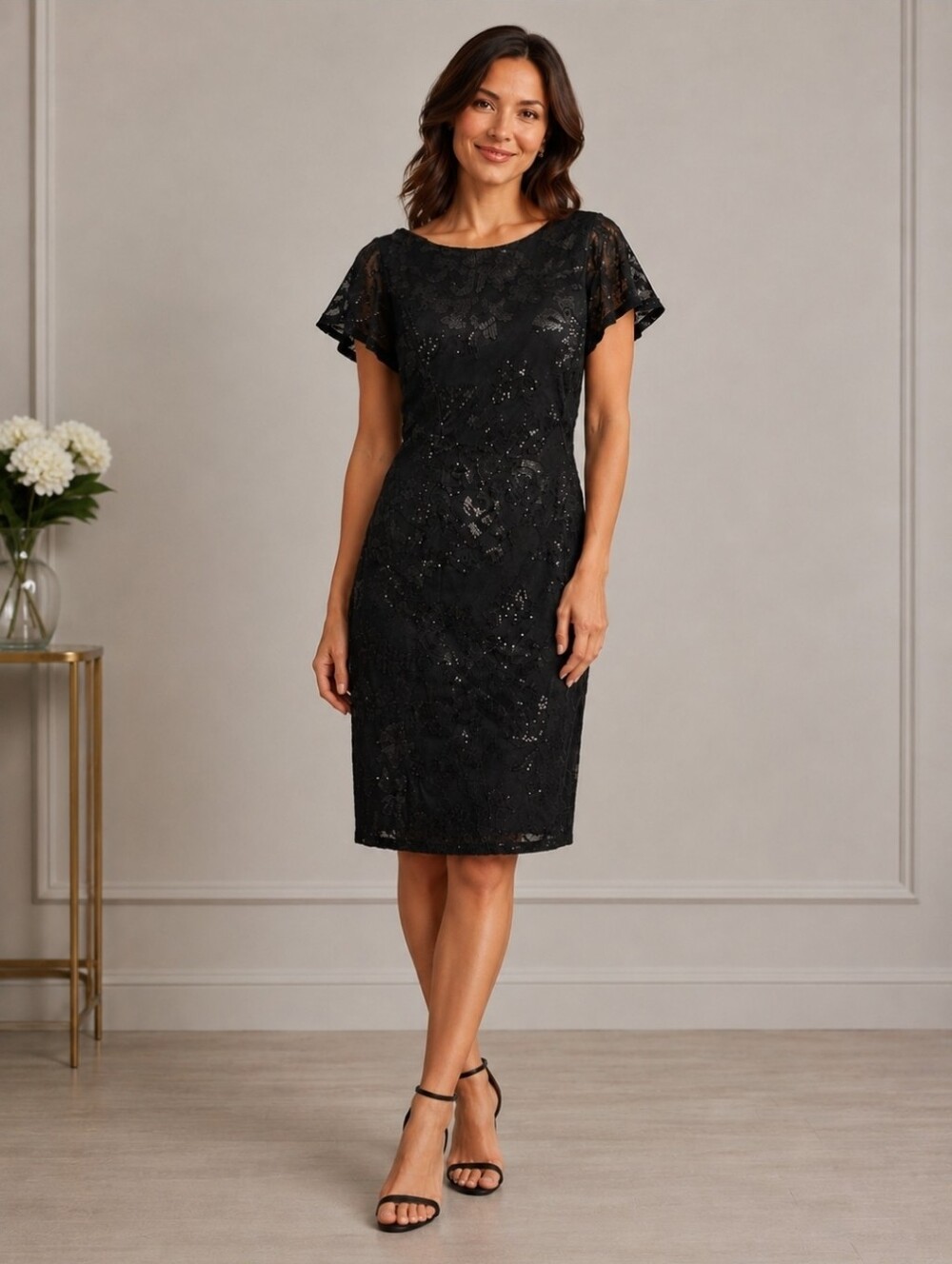 NWT Black Sequin Embellished Flutter Sleeve Midi Cocktail Dress Sz 10